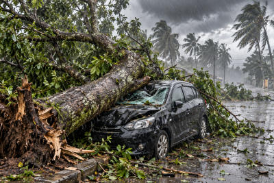 Pohon Tumbang Diterjang Hujan Deras dan Angin Kencang Timpa Mobil di Labuhanbatu