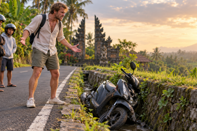 Bule Rusia Ngamuk Usai Kecelakaan, Motor Sewaan Dibuang ke Parit di Bali