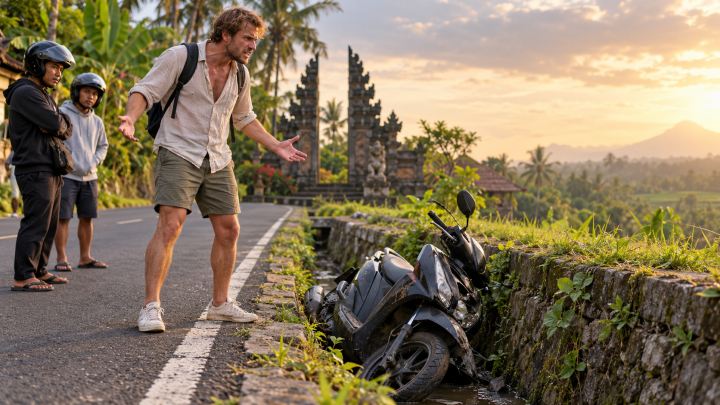 Bule Rusia Ngamuk Usai Kecelakaan, Motor Sewaan Dibuang ke Parit di Bali