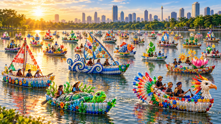 Unik! 43 Perahu Hias dari Limbah Plastik Berlayar di Danau Sunter