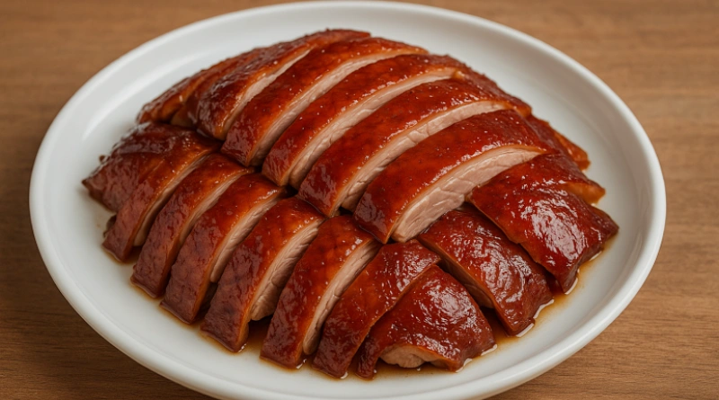 "Bebek Peking China dengan kulit renyah berlapis saus karamel, disajikan dalam potongan tipis di piring putih."