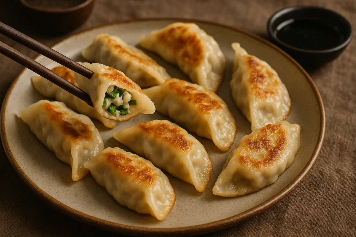 Piring kuotie renyah dengan ujung terbuka yang memperlihatkan isian sayuran hijau, disajikan dengan saus hitam.