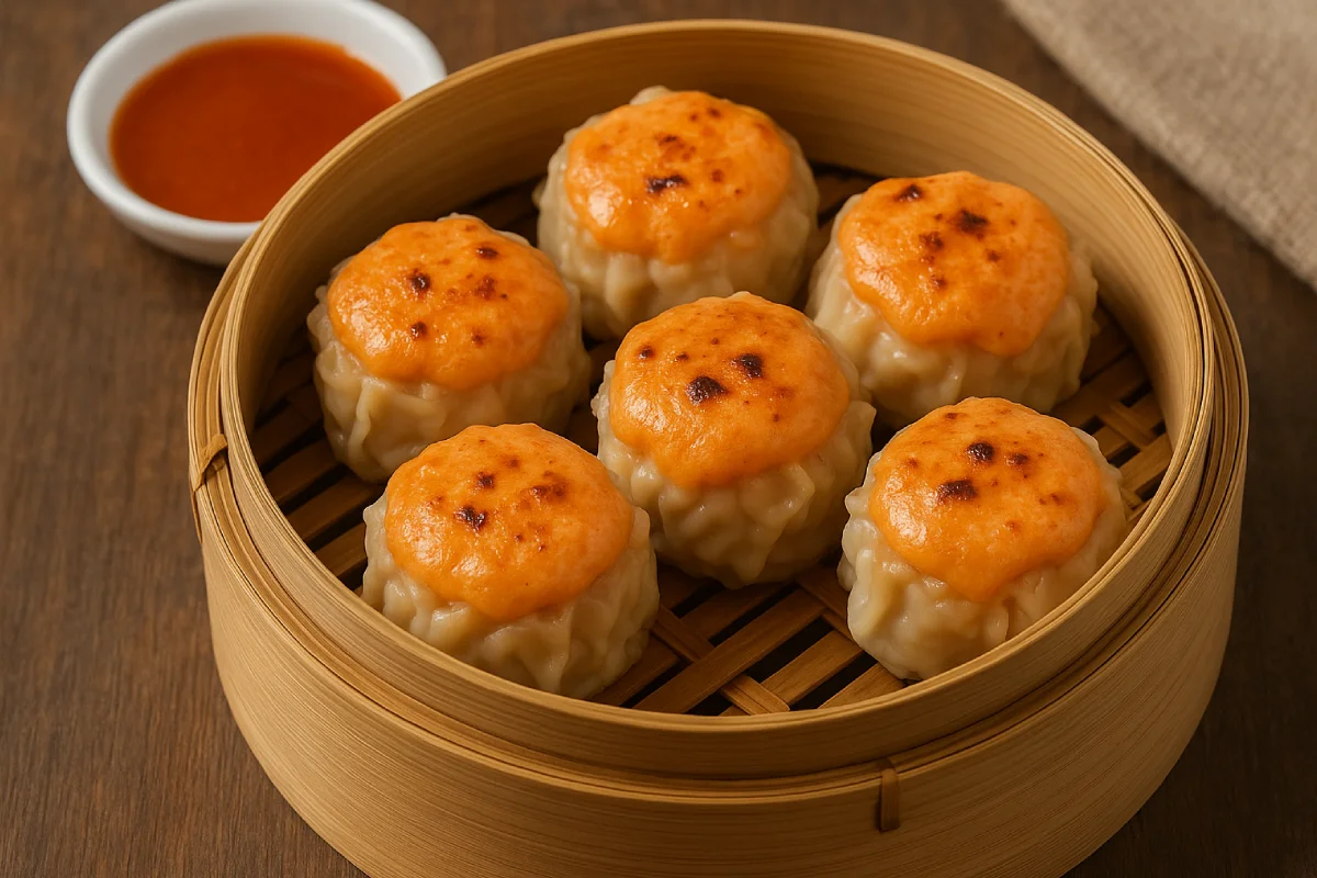 Dimsum mentai dalam wadah bambu dengan saus merah di sampingnya.