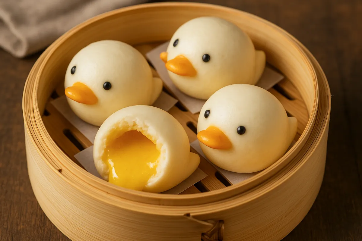 bakpao custard lucu berbentuk bebek dengan tampilan menggemaskan, mata besar, dan isian krim kuning yang mengintip saat dipotong.
