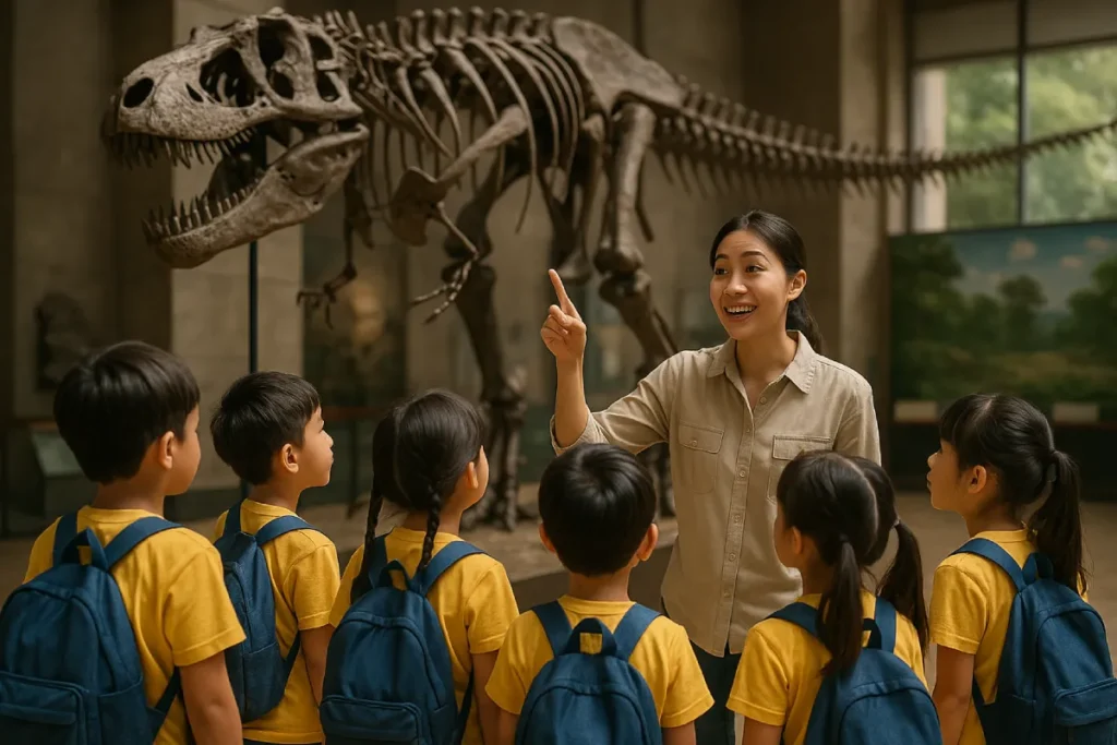 wisata edukasi anak di museum, seorang guru mengajarkan siswa tentang fosil dinosaurus sambil menjelaskan secara interaktif dan menyenangkan.
