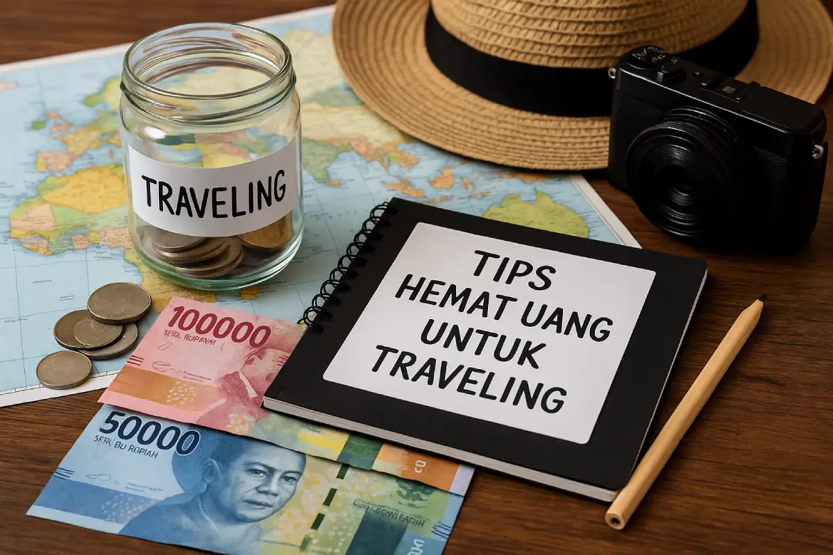 Sebuah celengan bertuliskan "TRAVELING" berisi uang logam dikelilingi buku catatan, peta, kamera, dan topi wisata, menggambarkan langkah nyata dari Tips Hemat Uang untuk Traveling.