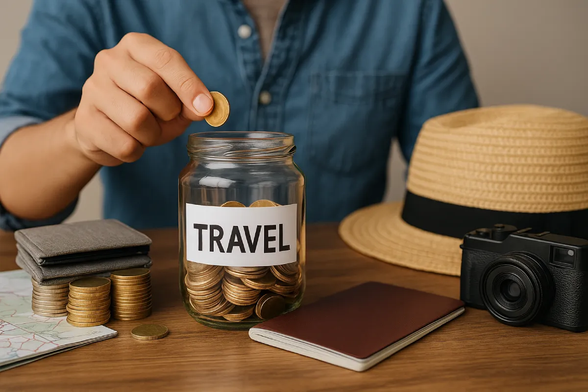 Seorang pria memasukkan uang ke celengan bertuliskan travel dikelilingi paspor dan kamera sebagai bentuk tips menabung untuk travel yang sederhana dan efektif