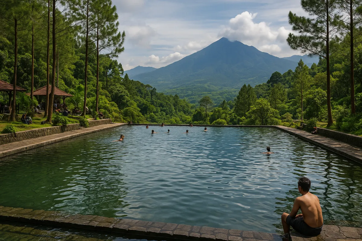 Pengunjung menikmati air segar dari kolam alam di Umbul Sidomukti sambil dikelilingi pepohonan rindang dan udara sejuk pegunungan