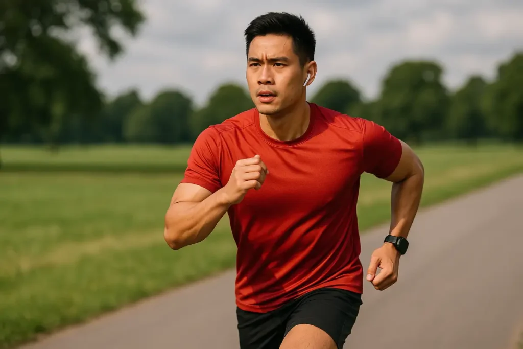 Seorang pria sedang berlari di jalur taman, menggambarkan cara agar stamina kuat saat lari.