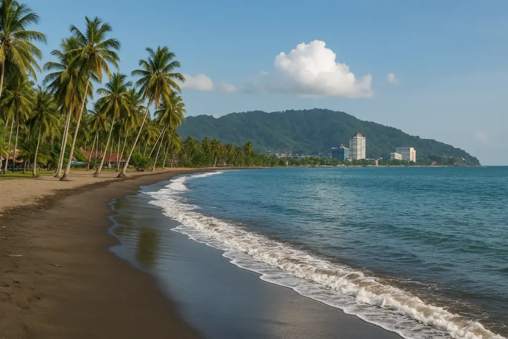 Fakta Pantai Padang dengan pasir hitam, pohon kelapa, dan pemandangan laut biru yang memukau.