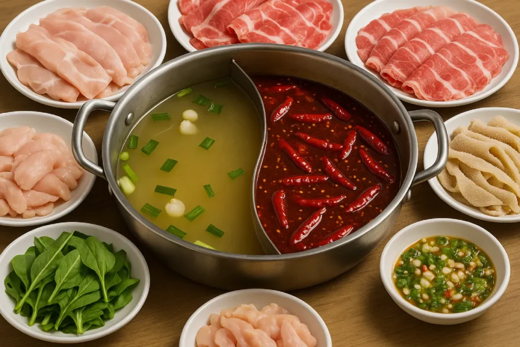 Hidangan hotpot dengan kuah terbagi dua satu sisi mild dan satu sisi pedas dikelilingi berbagai bahan seperti daging sayuran dan saus mencerminkan kelezatan dan keunikan dari fakta hotpot