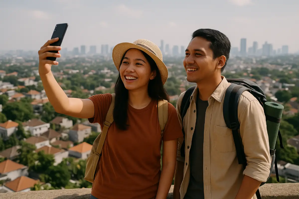 Seorang pasangan sedang berfoto selfie di puncak bukit dengan pemandangan kota di latar belakang, menikmati momen liburan long weekend yang menyenangkan.