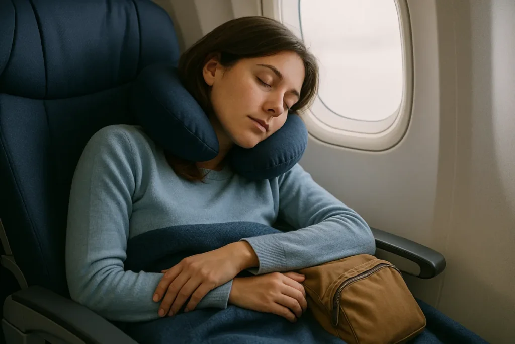 Seorang wanita tidur dengan nyaman di kursi pesawat, menggunakan bantal leher untuk mendukung kepala, menunjukkan pentingnya tips agar cepat tidur saat bepergian.