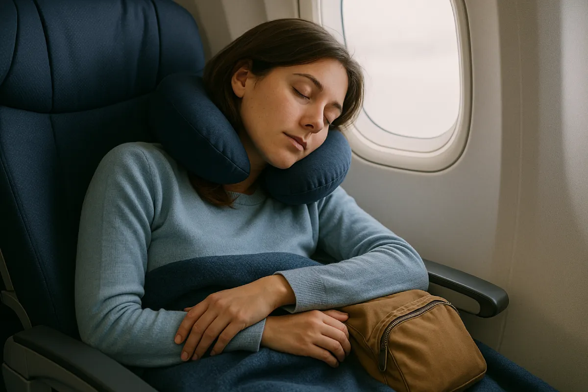 Seorang wanita tidur dengan nyaman di kursi pesawat, menggunakan bantal leher untuk mendukung kepala, menunjukkan pentingnya tips agar cepat tidur saat bepergian.