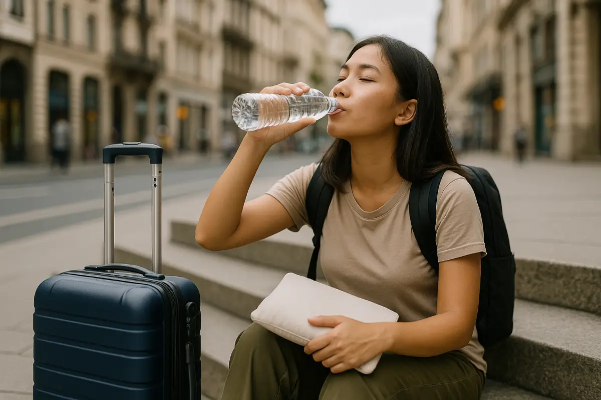 Seorang wanita sedang minum air saat beristirahat di tengah perjalanan, menggambarkan tips jaga stamina saat traveling.