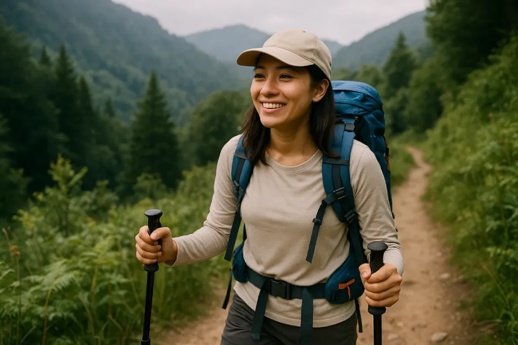 Seorang wanita tersenyum lebar saat berjalan di jalur gunung, membawa ransel dan tongkat trekking, menggambarkan semangat dan kesiapan dalam menerapkan tips trekking pemula
