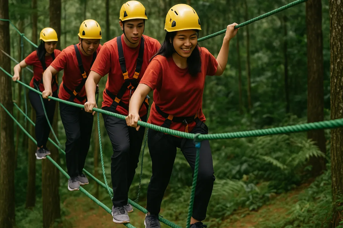 Sekelompok orang berjalan di atas tali pengaman di hutan lebat, dengan senyum ceria dan penuh semangat, menunjukkan kegembiraan dalam wisata outbound Bandung.