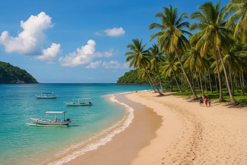 Pantai yang indah dengan air biru jernih, pasir putih halus, dan deretan pohon kelapa, menggambarkan keajaiban alam dari wisata pantai Indonesia.