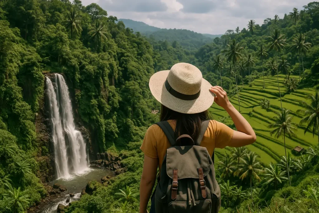 Seorang wisatawan menikmati pemandangan indah di Sukabumi, dengan air terjun dan sawah hijau yang mempesona, mencerminkan keindahan alam dalam wisata Sukabumi.