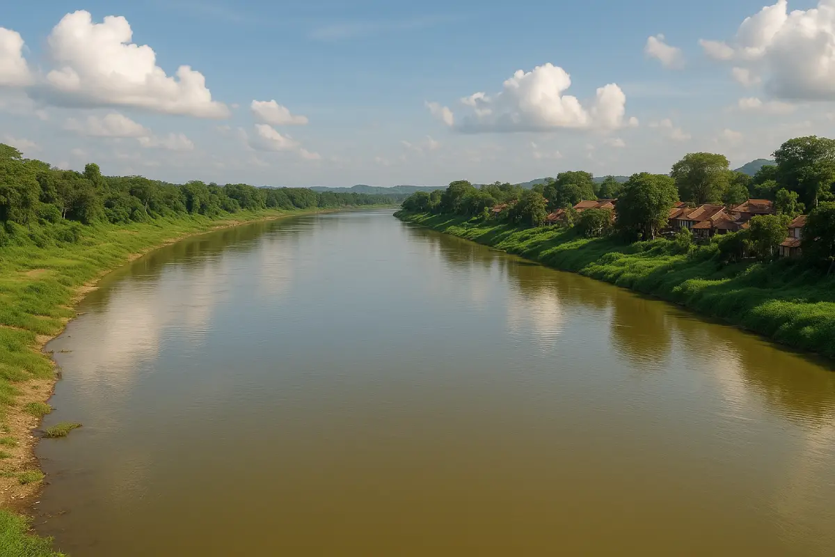 Pemandangan Sungai Bengawan Solo yang tenang, mengalir melalui dataran hijau dengan pemukiman di tepi sungai, menggambarkan salah satu sungai terpanjang di Indonesia.
